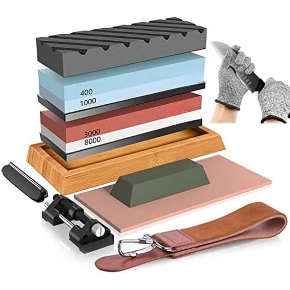 Knife Sharpening Stone Kit – 400/1000 3000/8000 Grit Wet Kitchen Whetstone Knife Sharpener Set with Non-slip Bamboo Rubber Base, Angle Guide, Flattening, Leather Strop and Cut Resistant Gloves