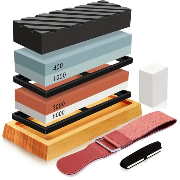 Knife Sharpening Stone Kit 400/1000 3000/8000 Grit Wet Kitchen Whetstone Knife Sharpener Set with Non-slip Bamboo Rubber Base , Leather Strop