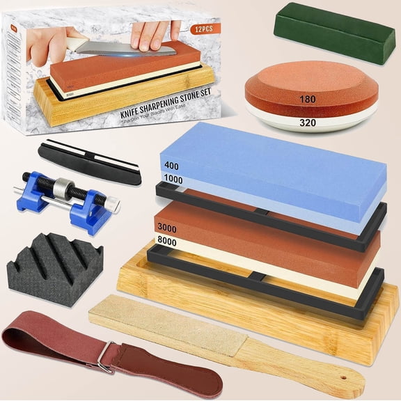 Knife Sharpening Stone Kit, Dual Grit Whetstone White Corundum, with Non-slip Bases, Flattening Stone, Angle Guide, Honing guide