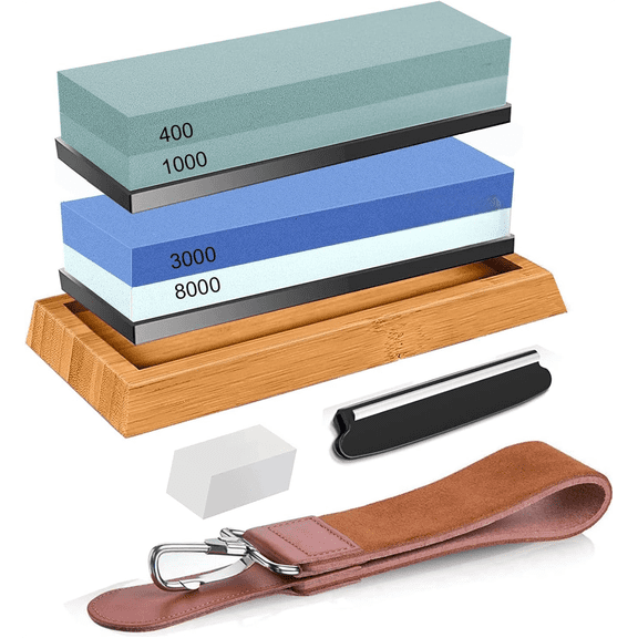 Knife Sharpening Stone Kit - Whetstone Grit 400/1000 3000/8000 Premium Knife Sharpener Wet Stone Set with Bamboo Base Angle Guide Leather Strop Flattening Stone Silicon holder$$Tools & Hardware Other