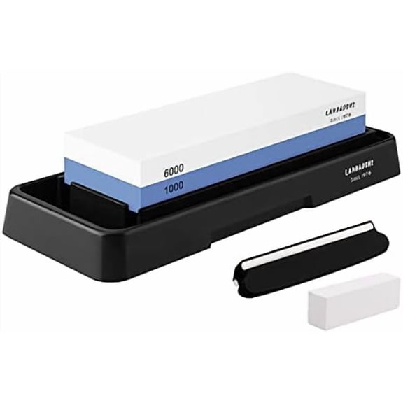 Knife Sharpening Stone Set,Whetstone Dual Sided 1000/6000 Grit Waterstone with Angle Guide Non Slip Rubber Base Holder, Knife Sharpeners Tool Kit for Kitchen Hunting (Blue + black)