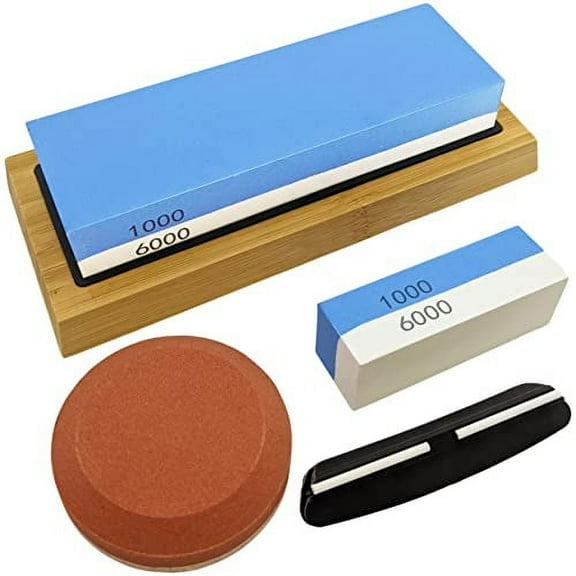 Knife Sharpening Whetstone Set - Includes Dual 1000/6000 Grit Stone with Anti-Slip Bamboo Holder, Pocket Size Stone, 140/320 Grit Pebble Axe Sharpener, and Angle Guide
