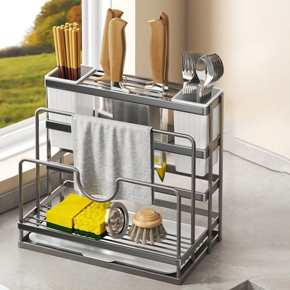 Knife Storage Rack, Cutting Board Organizer Wall Mounted with Drip Tray, Multi Functional Utensil Holder for Kitchen Countertop, Stainless Steel Chopsticks Cage Home Organization Space Saver