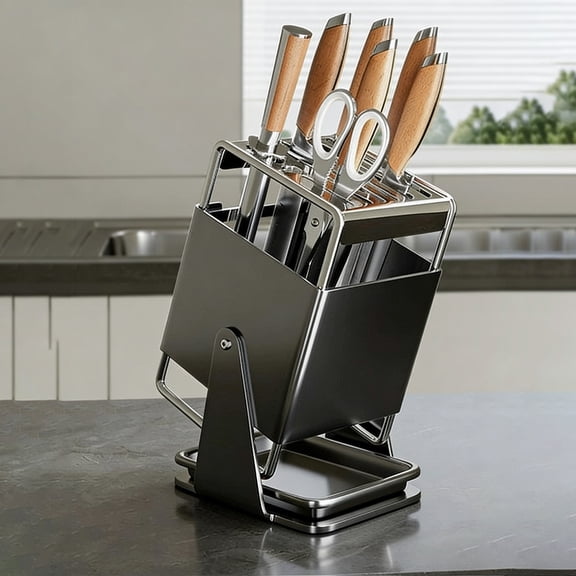 Knife Storage Rack Rotatable Kitchen - Stainless Steel Countertop Organizer, Space-saving Design, Safe Blade Protection, Modern Home Chef Essential