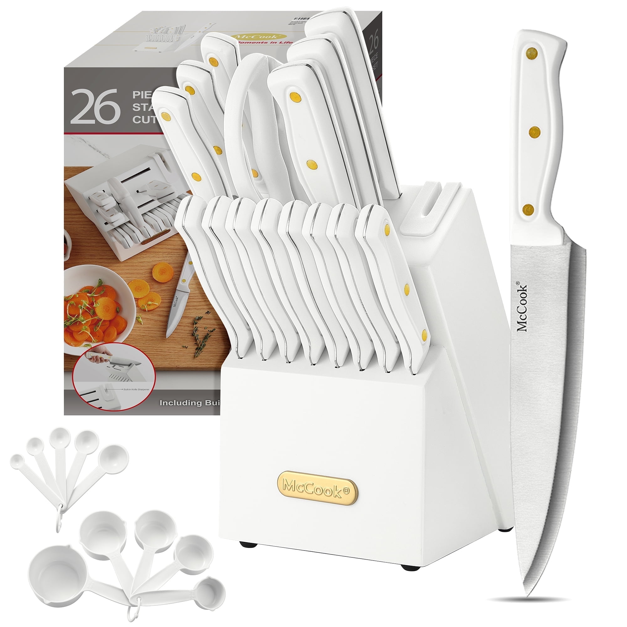 Knife set For Kitchen with Block,McCook MC703 White Kitchen Knife Sets with Built-in Sharpener,Cutlery set with Measuring Cups and Spoons For Cooking,26pcs - image 1 of 6
