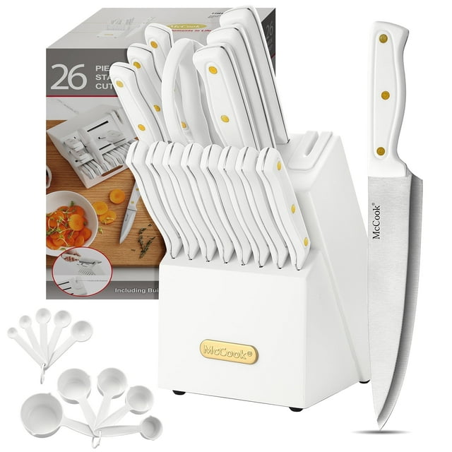 Knife set For Kitchen with Block,McCook MC703 White Kitchen Knife Sets with Built-in Sharpener,Cutlery set with Measuring Cups and Spoons For Cooking,26pcs
