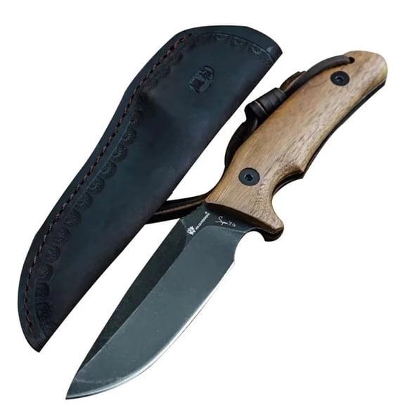 Full Tang Outdoor Knife 3.7" D2 Steel - Wood Handle & Leather Sheath for Outdoor/Camping/Hiking