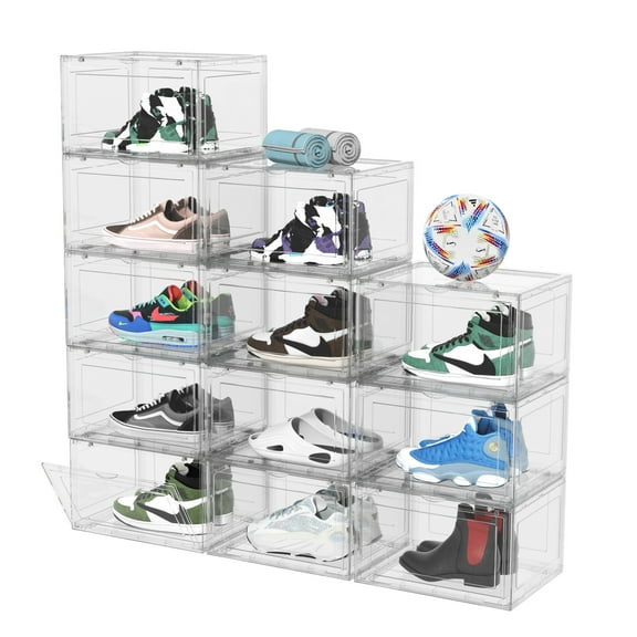 Knifefish 12 Packs Large Acrylic Clear Shoe Boxes with Magnetic Door, Strong Stackable Shoe Organizers, Sneaker Containers, Boot Display Case Up to US Size 15
