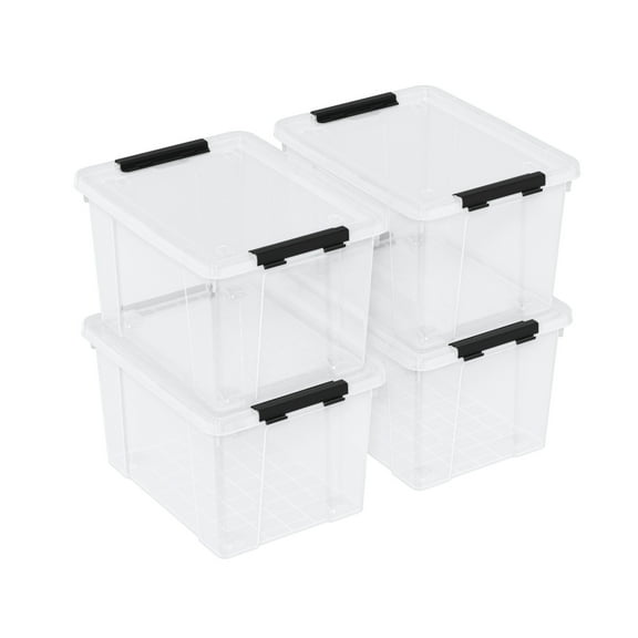 Knifefish 23 L Clear Plastic Storage Box with Lid, Stackable Lidded Storage Bin Container with Wheels and Secure Latching Buckles, 4 Packs