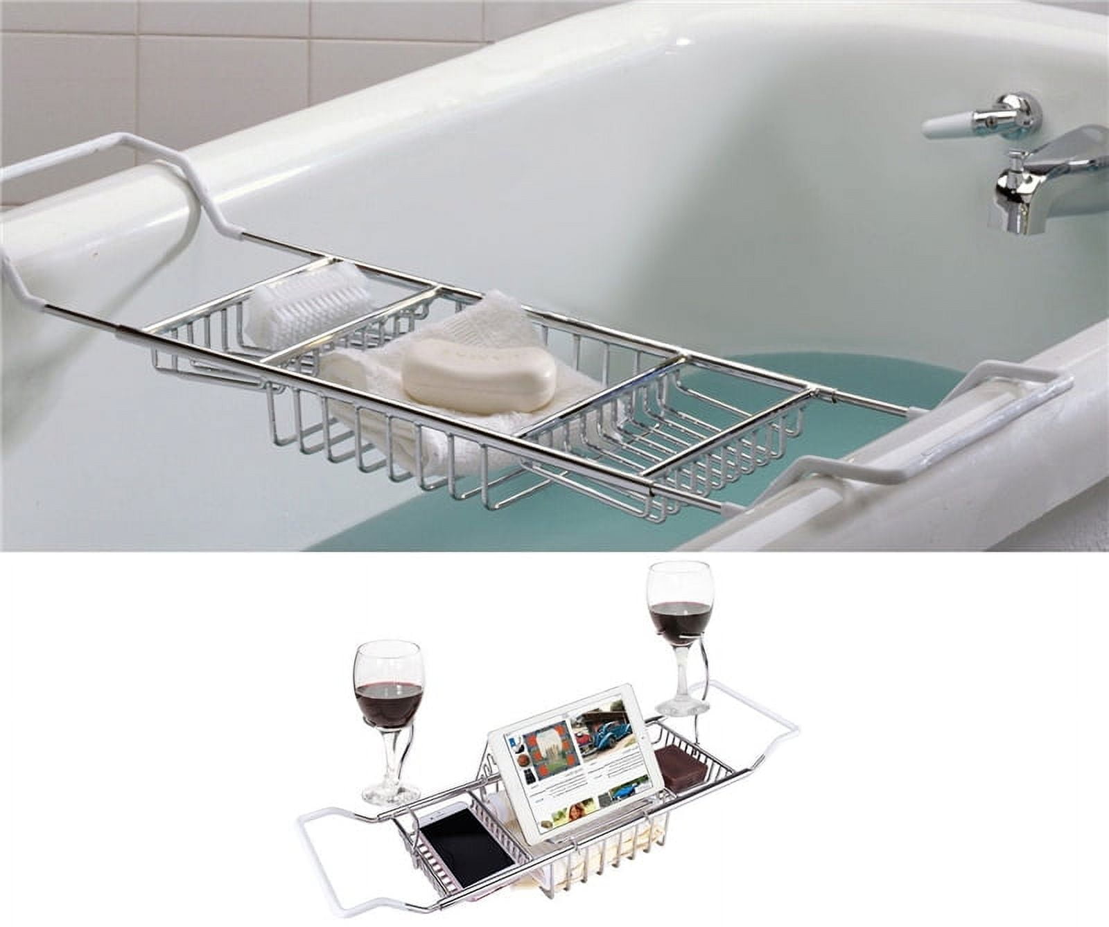 Knifun Bath Tub Caddy Over Bathtub Tray Stainless Steel Racks Organizer with Adjustable 24.4 -33.46in Extending Bars, Wine Glass and Universal Cup Holder, Book Rack