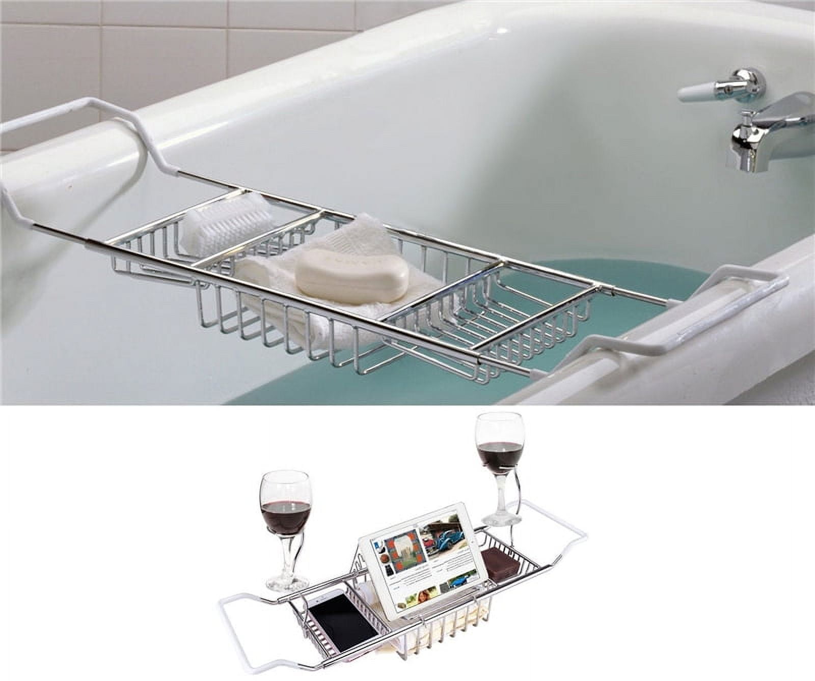 Knifun Bath Tub Caddy Over Bathtub Tray Stainless Steel Racks Organizer  with Adjustable 24.4 -33.46in Extending Bars, Wine Glass and Universal Cup  Holder, Book Rack 