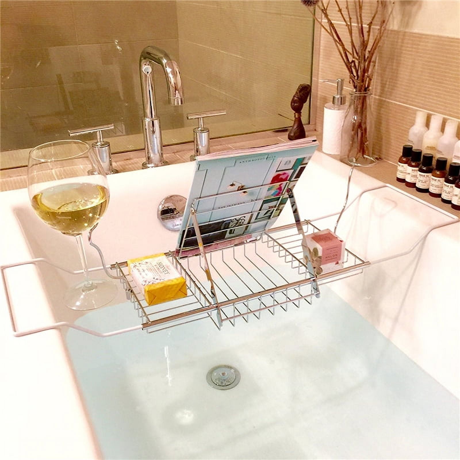 Knifun Bathtub Caddy Tray Across Tub Stainless Steel Reading Expandable  Shower Storage Organizer, Over Bath Tub Drying Racks Removable Wine Glass  Holder and Book Holder 