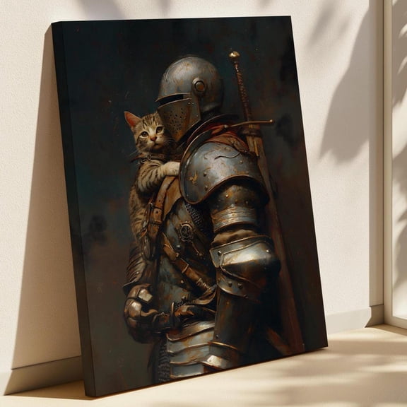 Knight And Tabby Cat Wall Art Medieval Fantasy Poster Print Cat Lover Warrior Decor Enchanted Armor Pet Portrait Art
