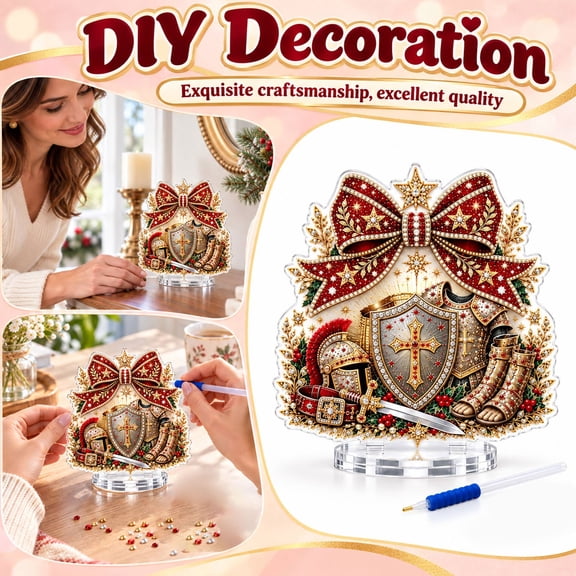 Knight Armor Christmas Diamond Art Kit, Single-Sided Acrylic Cross Shield Tabletop Decoration with Rhinestones, 7.87 x 7.87 in