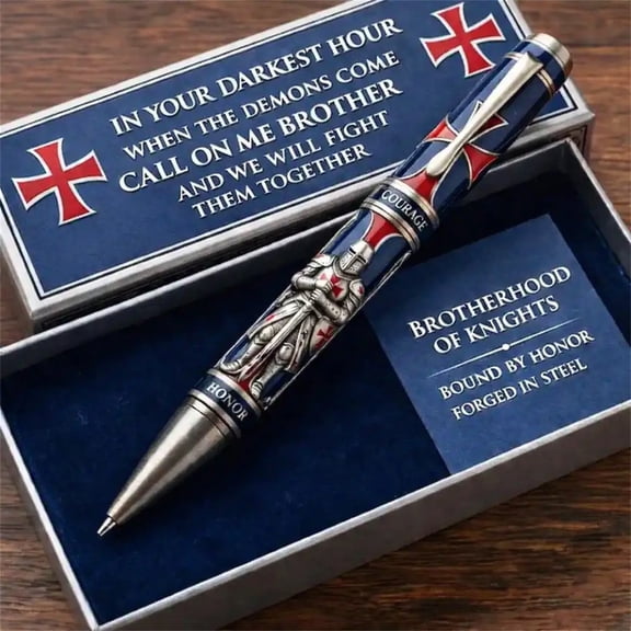 Knight Brotherhood Commemorative Pen with Medieval Design, Blue and Red Templar Cross Ballpoint Pen for Writing and Collecting