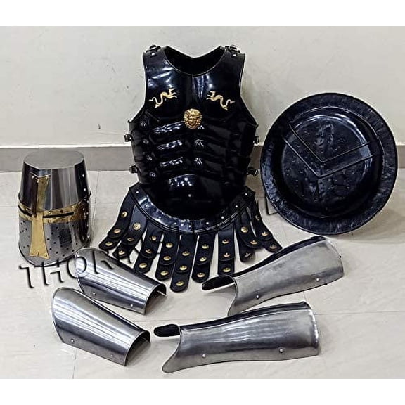 Knight Crusader Medieval Helmet & Arm Leg Guard Unique Style Black Muscle Jacket & Shield Costume