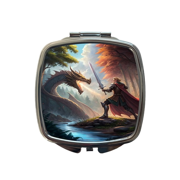 Knight Dragon Slayer Illustration Travel Makeup Handbag Purse Small Pocket Compact Mirror