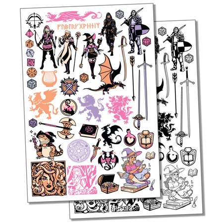 Knight Dungeons Dragons Wizards Medieval Fantasy Water Resistant Temporary Tattoo Set Fake Body Art Collection - Color