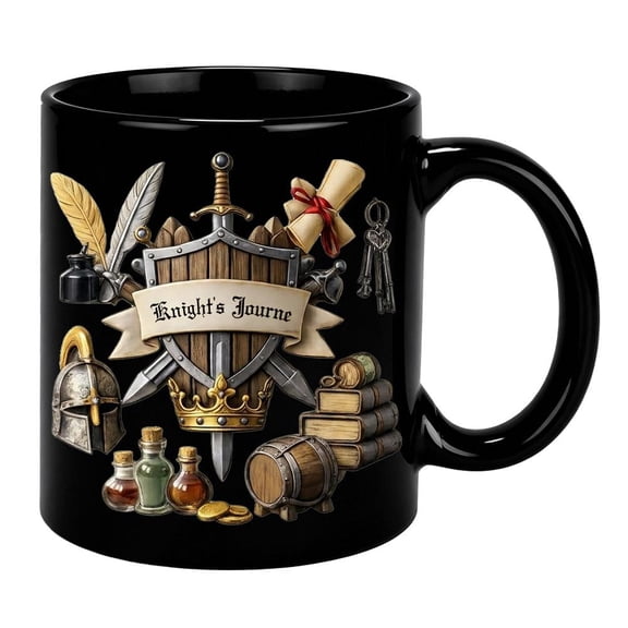 Knight Fantasy Ceramic Mug 11oz, Medieval Adventure Theme Coffee Tea Cup with Retro Artwork, Matte Black Background, Gift for Fantasy Book Lovers History Enthusiasts Gamers, Dishwasher Safe