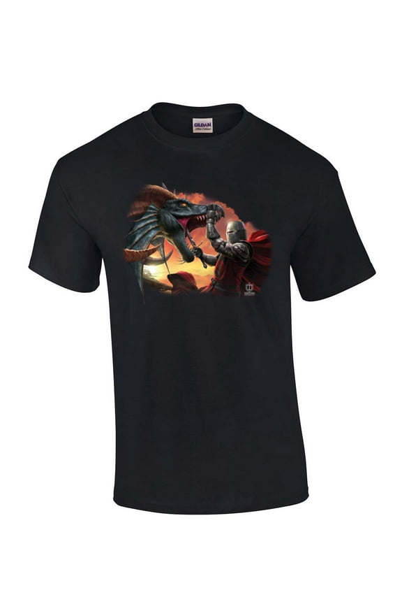 Knight Fighting Dragon House of Dragon Moonlight Mens Short Sleeve T-shirt Graphic Tee-Black-xxxl