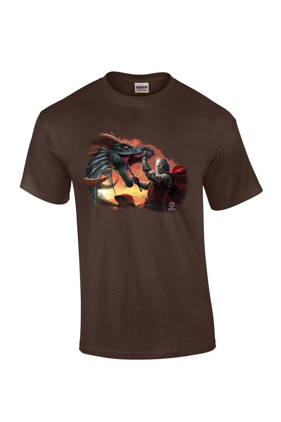 Knight Fighting Dragon House of Dragon Moonlight Mens Short Sleeve T-shirt Graphic Tee-Brown-large