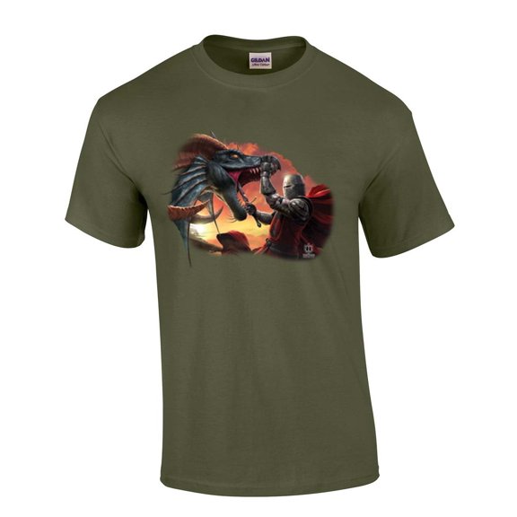 Knight Fighting Dragon House of Dragon Moonlight Mens Short Sleeve T-shirt Graphic Tee-Military-large