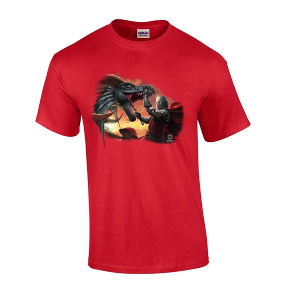 Knight Fighting Dragon House of Dragon Moonlight Mens Short Sleeve T-shirt Graphic Tee-Red-small