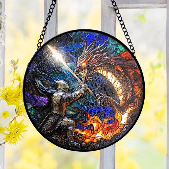 Knight Fighting Dragon Stained Glass Suncatcher, Medieval Fantasy Suncatcher, Dragon Slayer Gift For Him, Dungeons And Dragons Decor
