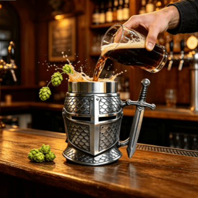 Knight Helmet Tankard, Medieval Warrior Beer Mug with Sword Handle, 3D Crusader Armor Design, Stainless Steel Resin Coffee Cup Stein Gift for Men Dad Groomsmen