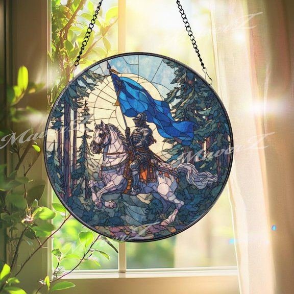 Knight On Horse Glass Suncatcher, Round Medieval Warrior Window Panel With Blue Flag, Fantasy Castle Glass Art Decor, Suncatcher Window Hanging, 7.9 in
