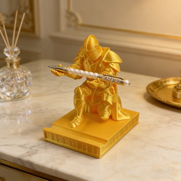Knight Pen Holder Resin Desk Organizer 5 Inch, Kneeling Figurine Pen Stand for Office Study, Decorative Stationery Storage for Makeup Brushes, Gift for Knight Culture Fans Home Desktop Decoration
