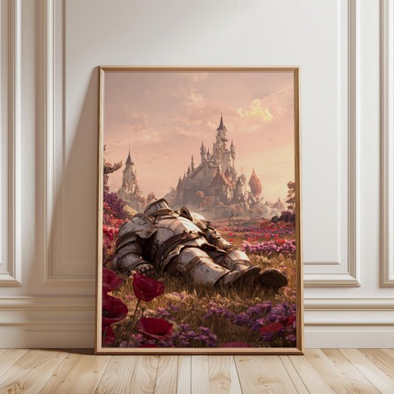 Knight Resting in Flower Field Print Fantasy Castle Sunset Wall Decor, Poster Only