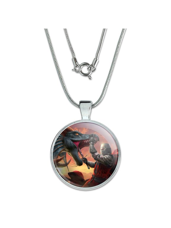 Knight Warrior Dragonslayer Dragon Fantasy 1" Pendant with Sterling Silver Plated Chain