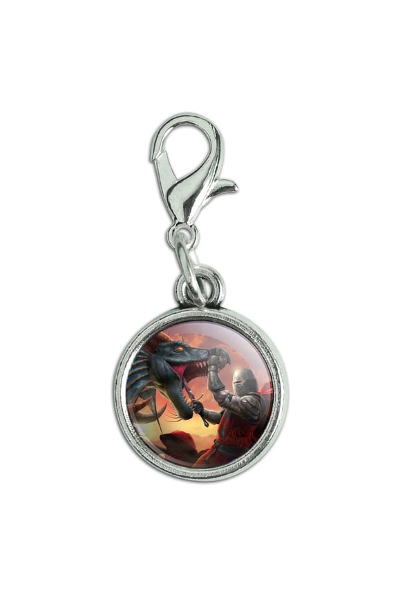 Knight Warrior Dragonslayer Dragon Fantasy Antiqued Bracelet Pendant Zipper Pull Charm with Lobster Clasp