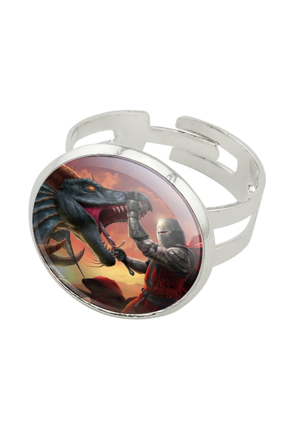 Knight Warrior Dragonslayer Dragon Fantasy Silver Plated Adjustable Novelty Ring