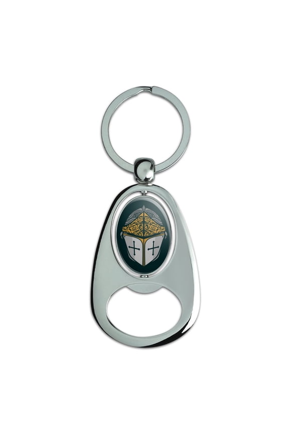 Knight Warrior Helmet Medieval Roses Templar Keychain Chrome Metal Spinning Oval Bottle Opener
