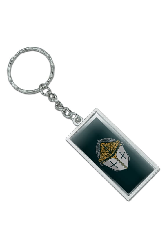 Knight Warrior Helmet Medieval Roses Templar Rectangle Keychain in Chrome Plated Metal