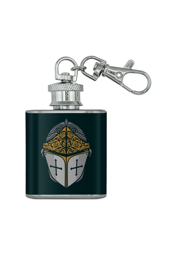 Knight Warrior Helmet Medieval Roses Templar Stainless Steel 1oz Mini Flask Key Chain