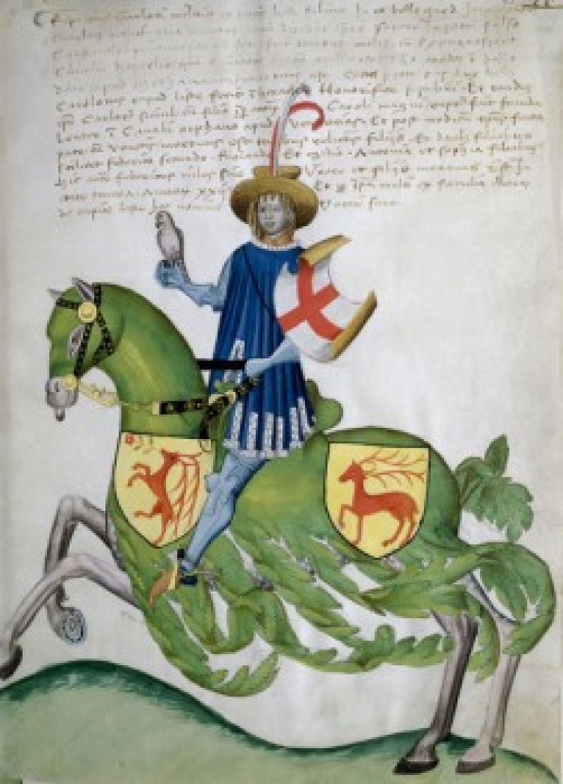 Knight in Blue Tunic on Green Horse Capodilista Codex Manuscript Illumination Biblioteca Civica Padua Canvas Art - (18 x 24)