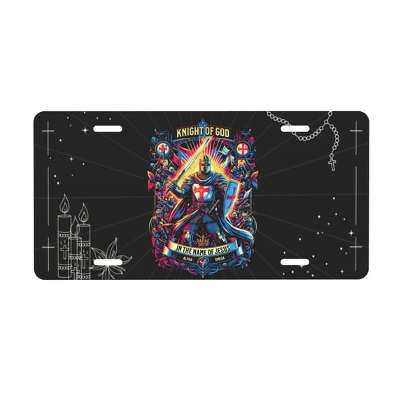Knight of God License Plate, Front Car Plate with 4 Holes, Weatherproof Novelty Plate, 6x12 Inch