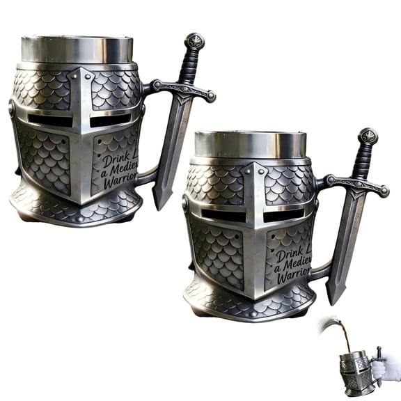 Knight's Helmet Tankard, 3D Crusader Templar Armor Beer Mug with Sword Handle, Stainless Steel Cup, U.S. 250th Anniversary Patriotic Gift for Men, Dad