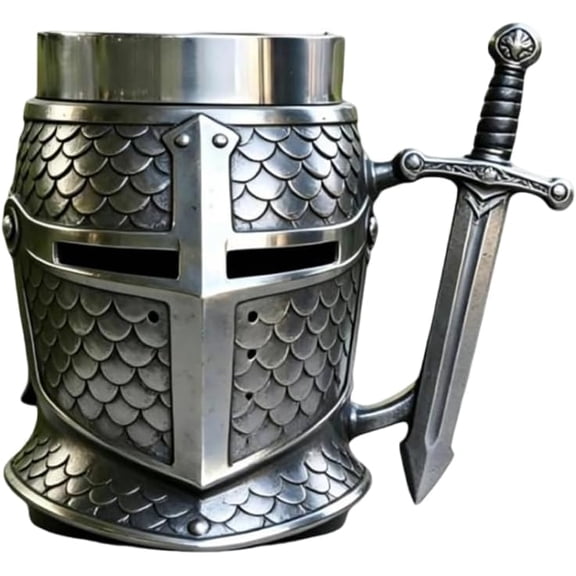 Knight's Helmet Tankard, Medieval Tankard Stein Mug, Stainless Steel Warrior Beer Mugs with Sword Handle, 3D Beer Steins Viking Drinking Cup Gift Mug for Men Dad(RL)