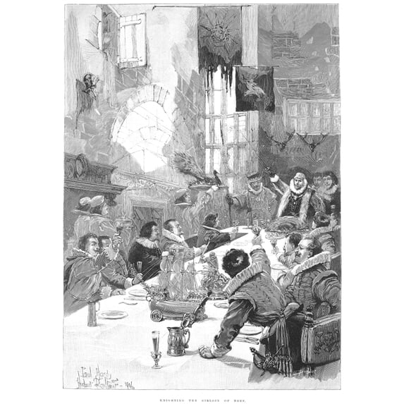 Knighting The Sirloin. Nking Charles Ii Or King James I Knighting The Beef. Wood Engraving English 1896.