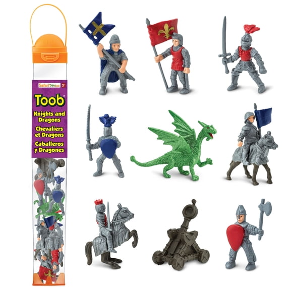 Safari Ltd. Knights & Dragons Toob - Set of 10 Mini Figurines: Red & Blue Kingdom Knights, Catapult, and Green Dragon - History Learning Toy Figures for Boys, Girls & Kids Ages 3+