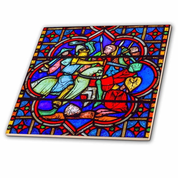 3dRose, Knights Fighting with Swords stained glass, Notre Dame, Paris, France, 6 Inch Ceramic Tile