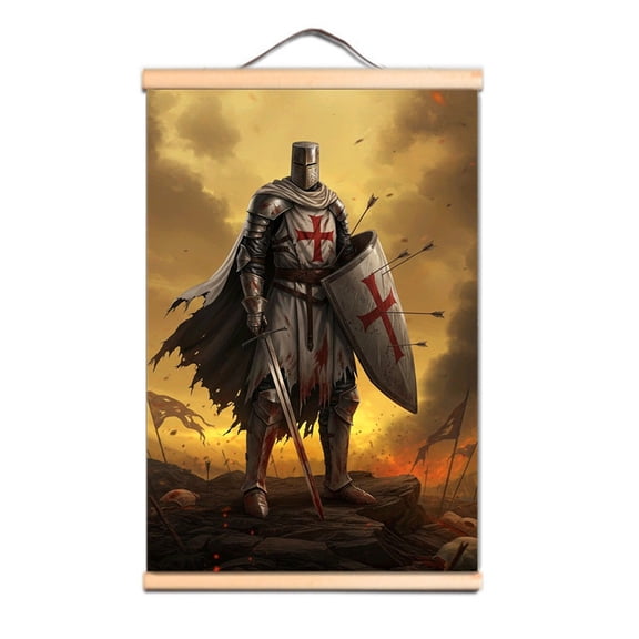 Knights Templar Art Banner Wall Hanging Flag Vintage Medieval Warrior Crusader Wall Art Posters and Prints Canvas Scroll Painting Dorm Room Office Home Decor Mural,Multicolor,23.5X35.4 inches