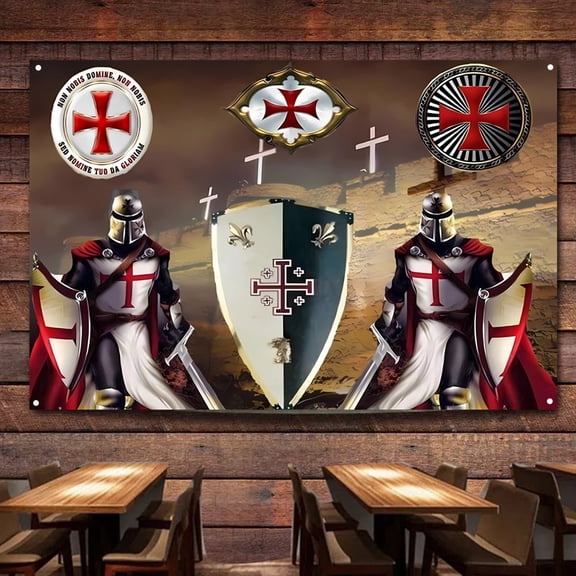 Knights Templar Battle Art Flag Wall Decorative Banner Tapestry Ancient Art of War Medieval Warriors Poster Canvas Painting Vintage Wall Decoration Flag 38" x 57"