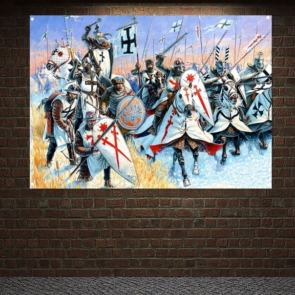 Knights Templar Battle Flag Wall Art Decorative Banner Wall Chart Ancient Art of War Medieval Warriors Poster Canvas Painting 38" x 57" Vintage Wall Hanging Tapestry