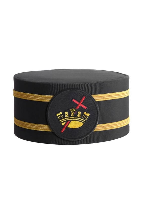 Knights Templar Commandery Masonic Crown Cap - Black Rayon with Embroidered Round Patch & Double Gold Braids,