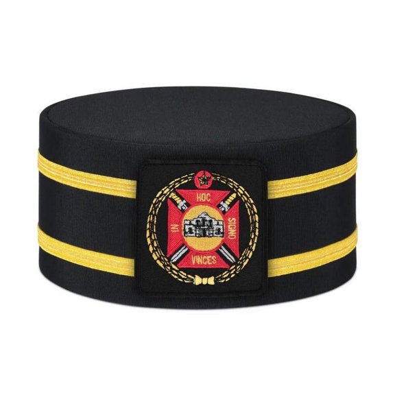 Knights Templar Commandery Masonic Crown Cap - Black Rayon with Embroidered Square Patch & Double Gold Braids